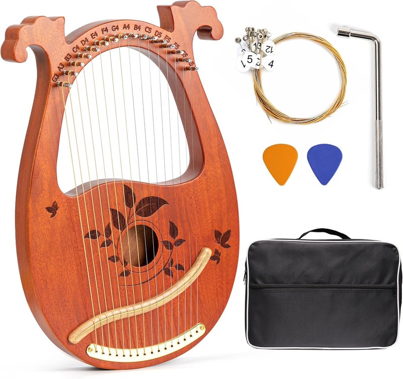 INKNOTE Lyre Harp Mahogany with Tuning Wrench and 16 Pcs Metal Spare String Set Manual Picks Black Gig Bag for Instrument Kids Adult Professional Beginner Music Lovers Gift - Image 1